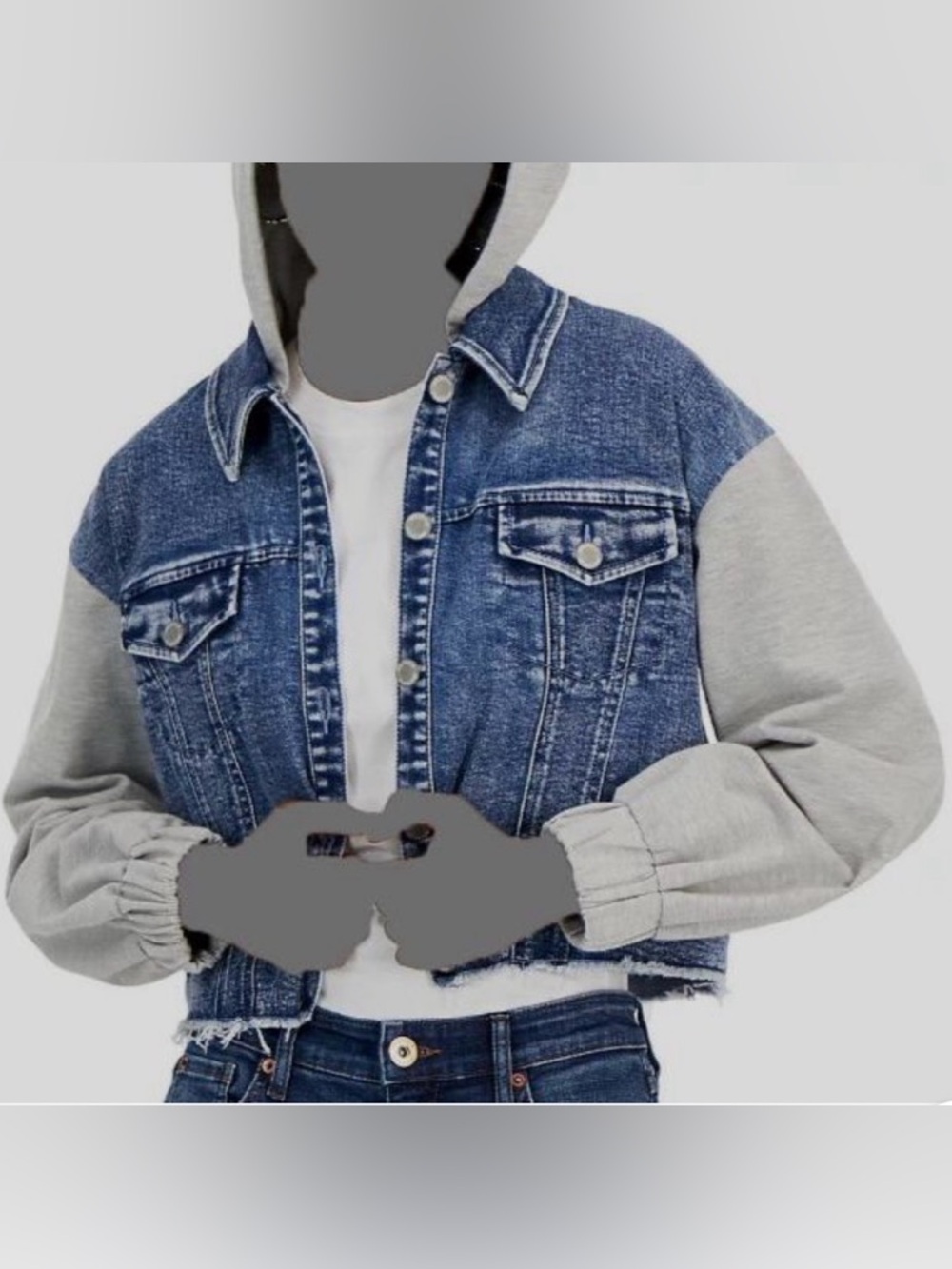 INC International Concepts Blue Denim Jacket with Gray Hoodie Sleeves